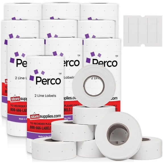 Perco 2 Line White Labels - 60,000 Blank Price and Date Gun Labels for Perco 2 Line Price and Date Guns - 80 Rolls, 10 Sleeves - Made in USA