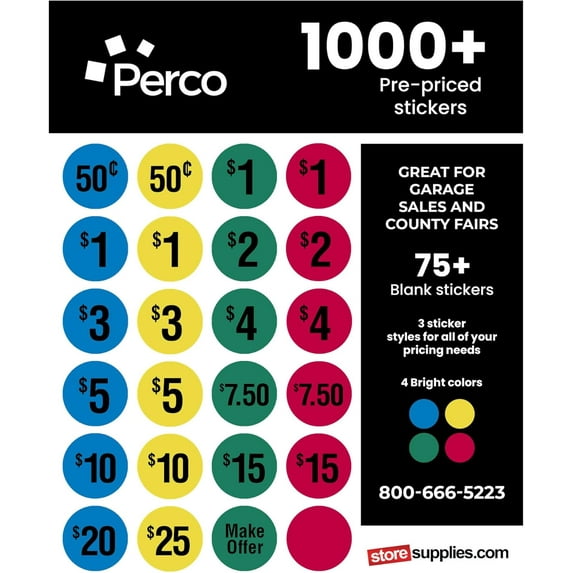 Perco Garage Sale Price Stickers - 1000+ Pre-priced & 75+ Blank Stickers - Easy-to-Read Price Tags for Effective and Attractive Pricing – Ideal for Yard Sales, Flea Markets, County Fairs & Retail Use