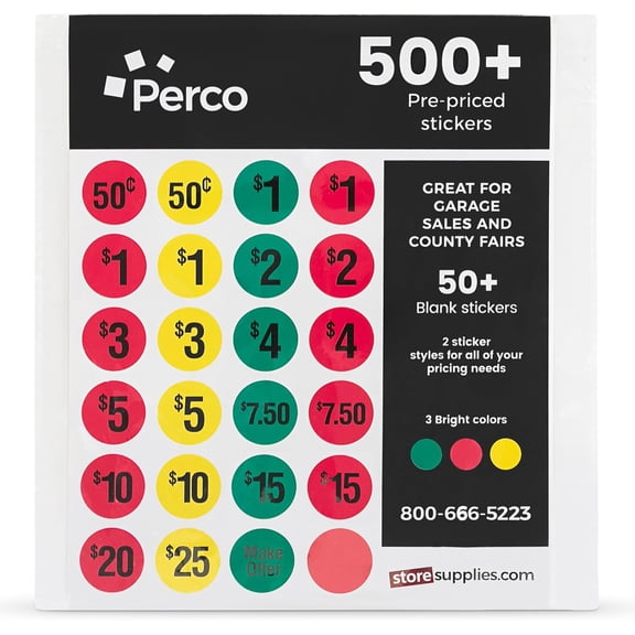 Perco Garage Sale Price Stickers - 500+ Pre-priced & 50+ Blank Stickers - Easy-to-Read Price Tags for Effective and Attractive Pricing – Ideal for Yard Sales, Flea Markets, County Fairs & Retail Use
