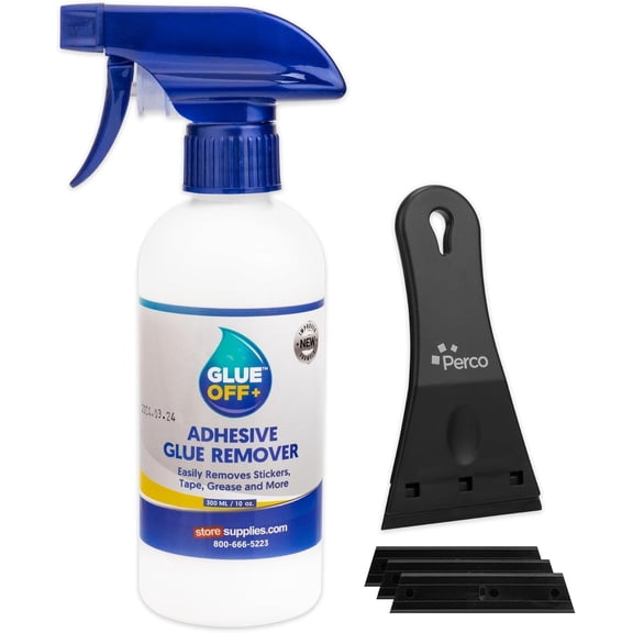 Perco Glue Off Adhesive Remover - 10 fl. oz with Scraper & Plastic Razor | Glue Remover Spray Effortlessly Erase Adhesive Hassles & Car Stickers - for Label Sticker Residue