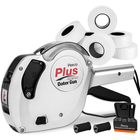 Perco Plus 1-Line Date Marking Gun with Labels Kit - Compares to Monarch 1131-01 Band Includes 1-Line 8-Character Band Date Labeler Gun, 9,000 Blank White Labels, a Label Scraper, and an Extra Inker