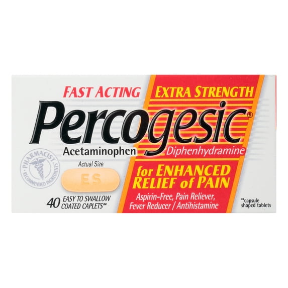 Percogesic Extra Strength Pain Relief, Aspirin Free Fast Acting Relief, Acetaminophen and Diphenhydramine, 40 Tablets