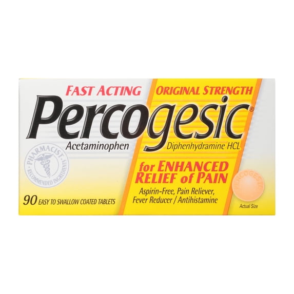 Percogesic Acetaminophen Diphenhydramine HCL 90 tablets for pain relief and fever reducer, pack of 3