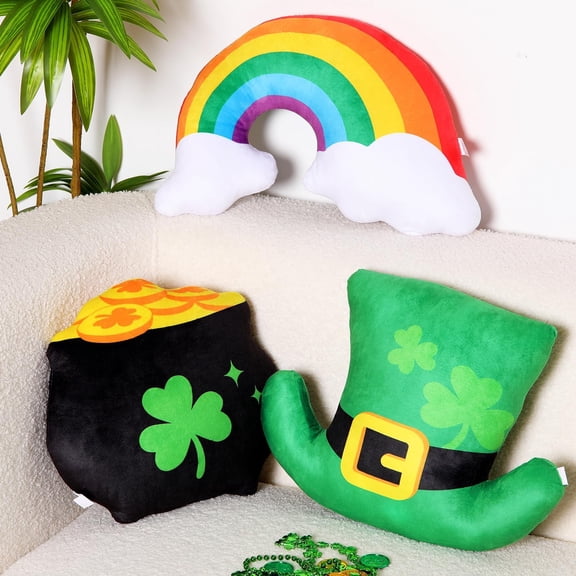 Percozzi St. Patrick's Day Throw Shamrock Shaped Rainbow Leprechaun Irish Pillow Soft Stuffed Plush for Sofa Bed Couch Cushion St Patrick's Day Irish Party Home Decor 3PCS Y102