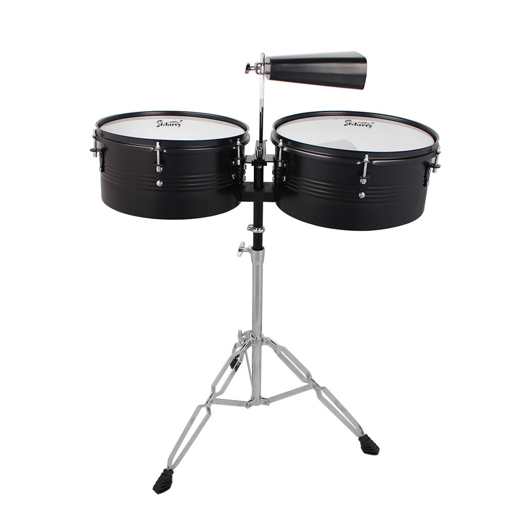 Percussion 13" & 14" Timbales Drum Set with Stand and Cowbell Black