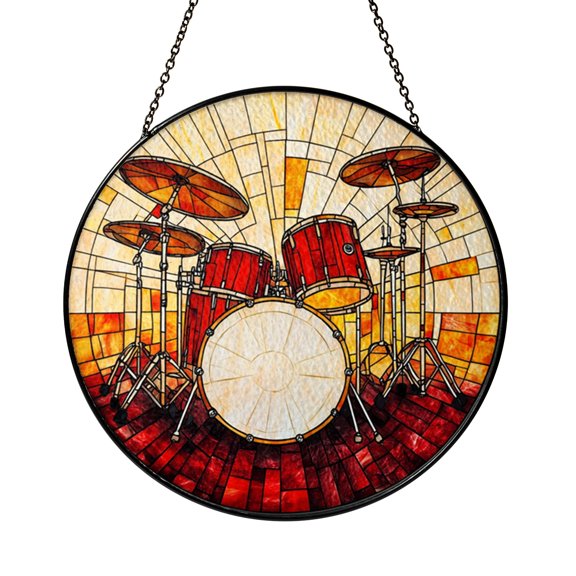 Percussion Drum Kit Window Suncatcher, Stained Glass Style Music Studio Hanging Decor