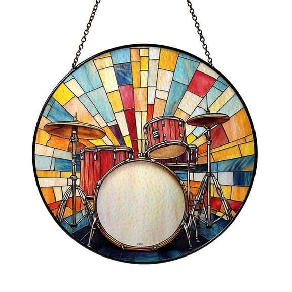 Percussion Drum Set Stained Glass Style Suncatcher, Musical Window Hanging Decor, Creative Gift for Drummers