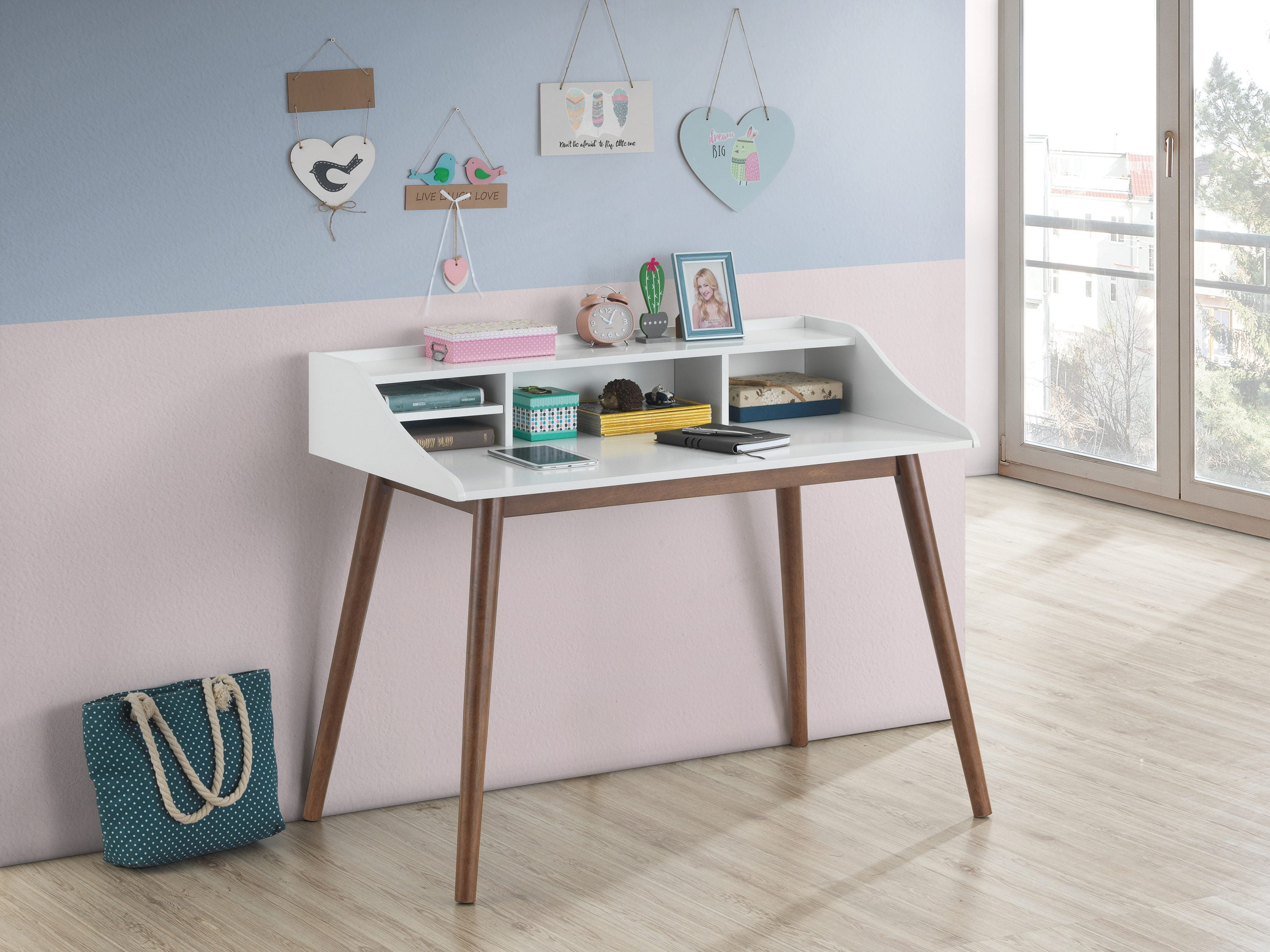 Percy Transitional Wood Writing Desk with Hutch in White and Walnut