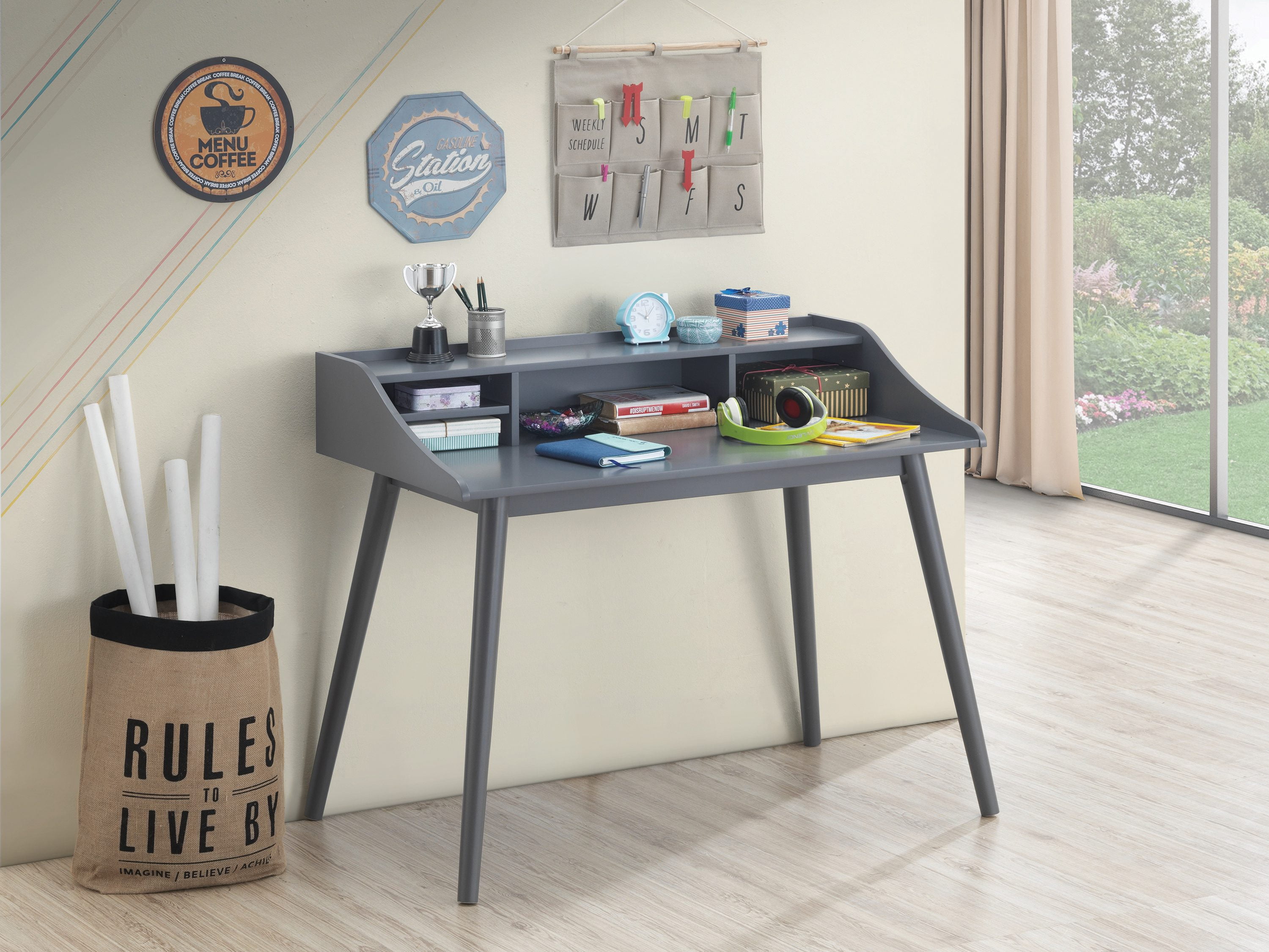 Percy Mid-Century Modern Gray Wood Writing Desk with Hutch