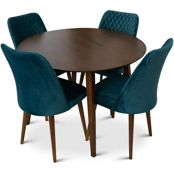 Percy 5-Piece Mid-Century Round Dining Set w 4 Velvet Dining Chairs in Turquoise