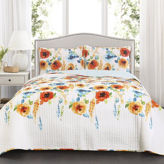 Percy Bloom Quilt Tangerine/Blue 3Pc Set King