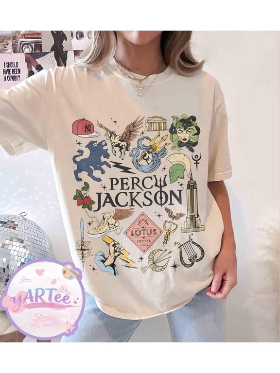 Percy Jackson Olympians Symbols Comfort Colors T-Shirt, Lotus Hotel Medusa Tee, Camp Half Blood Shirt, Greek Mythology Demigods Tee, Bookish Reader Gift,Ivory Color,Size M