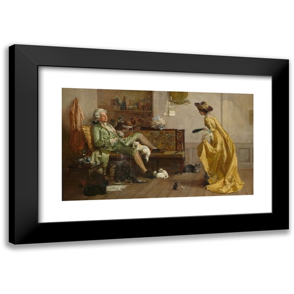 Percy Thomas Macquoid 14x10 Black Modern Framed Museum Art Print Titled - Peg Woffington Visiting an Eccentric Cat Lover