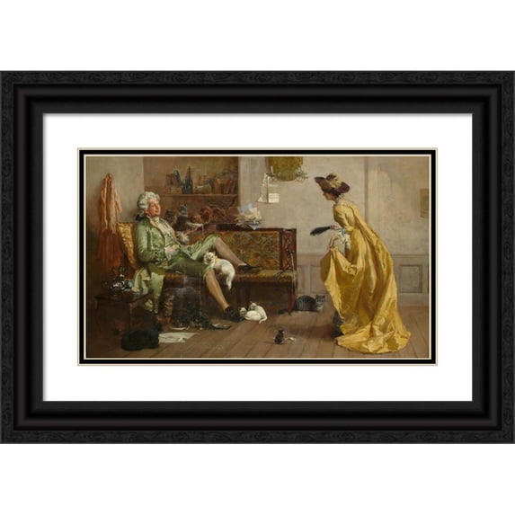 Percy Thomas Macquoid 18x12 Black Ornate Wood Framed Double Matted Museum Art Print Titled - Peg Woffington Visiting an Eccentric Cat Lover