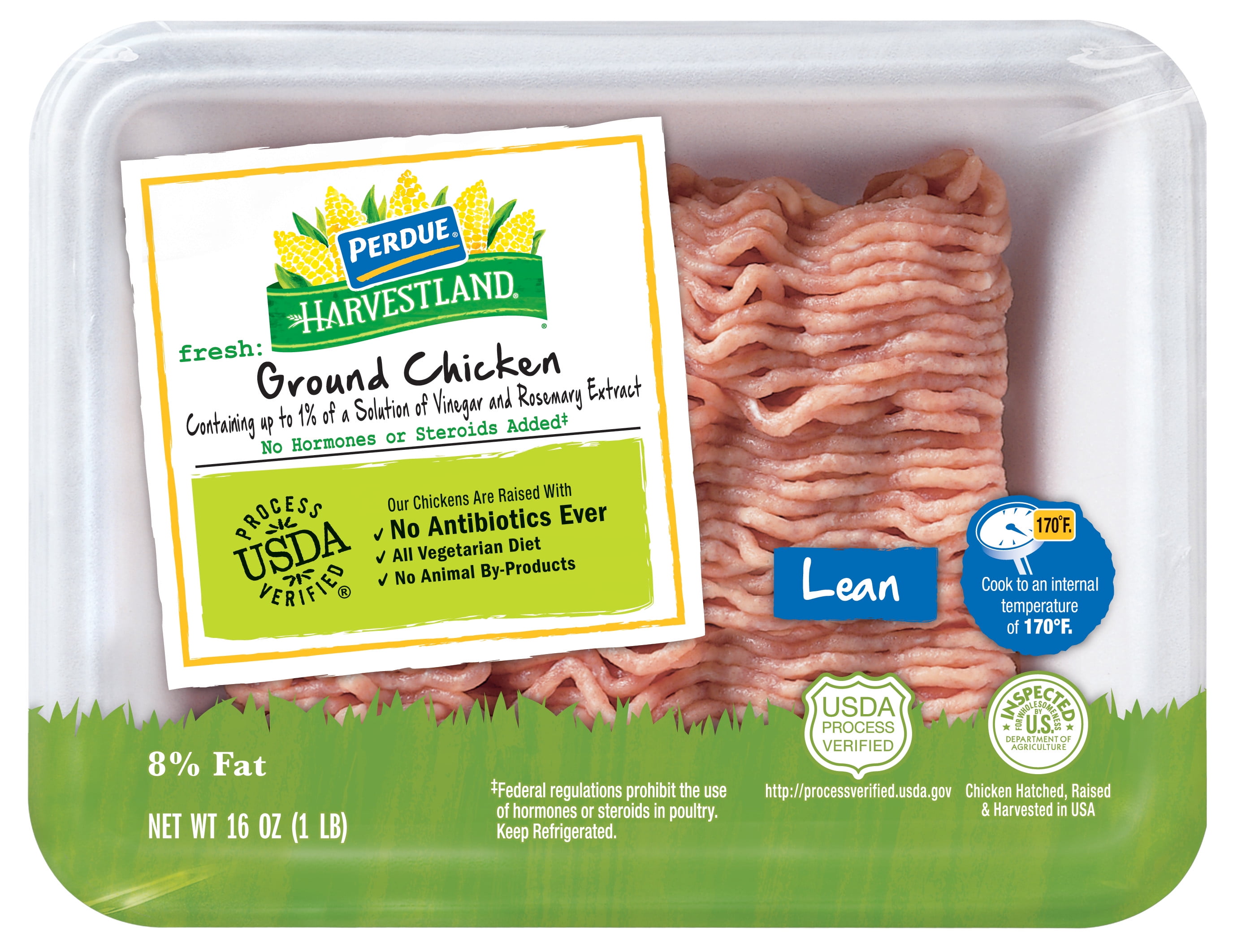 Perdue Harvestland, 92 Lean 8 Fat, Ground Chicken, 22g Protein, 4oz Svg., 1 lb. Tray