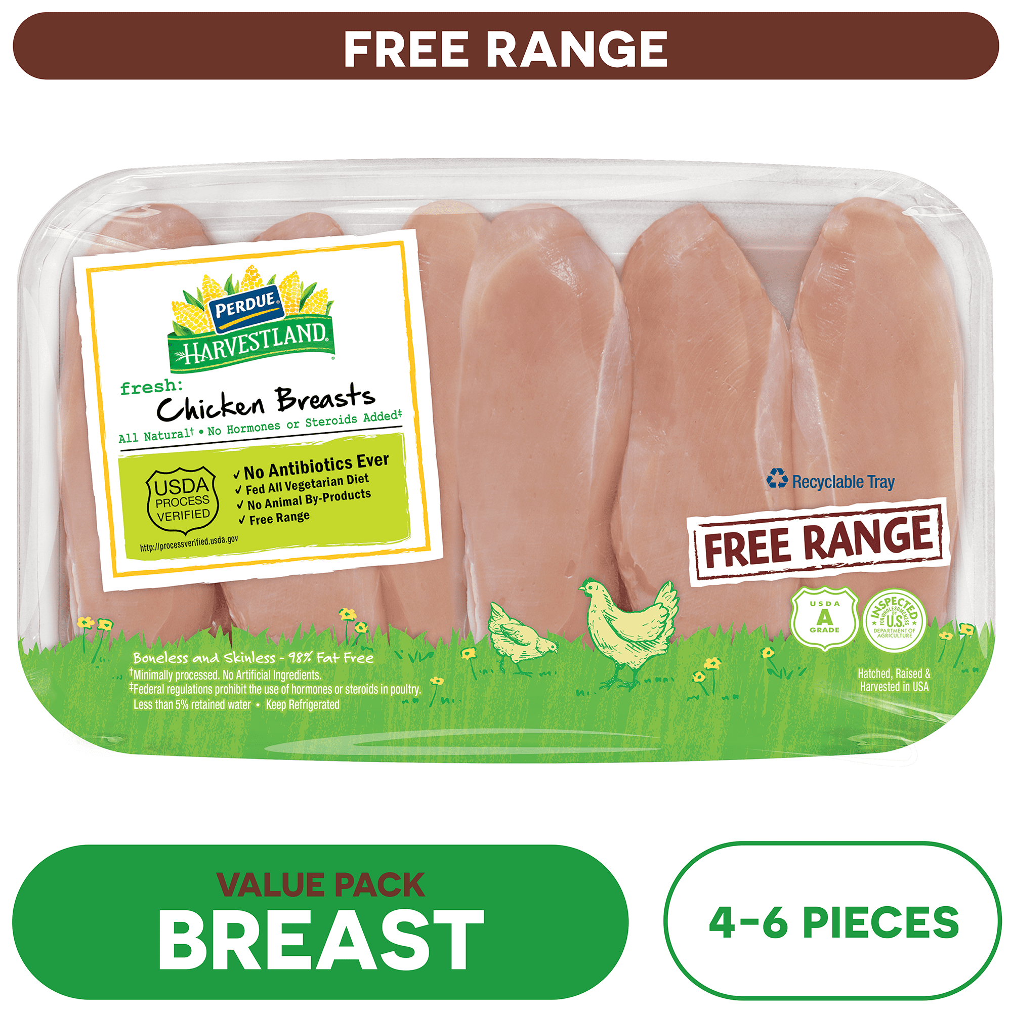 Perdue Harvestland, Free Range, Fresh Boneless Chicken Breast, 2.75-3.8 lb. Tray