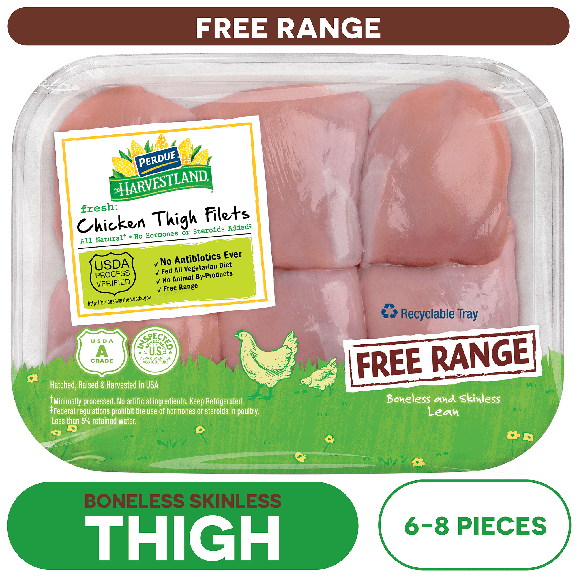 Perdue Harvestland, Free Range, Fresh Boneless Skinless Chicken Thighs, 1.3-2.25 lb. Tray