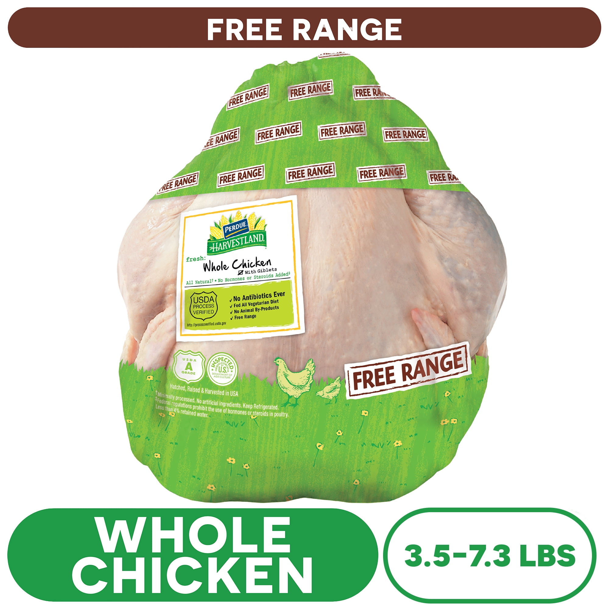 Perdue Harvestland, Free Range, Fresh Whole Chicken with Giblets, 3.50-7.30 lbs.