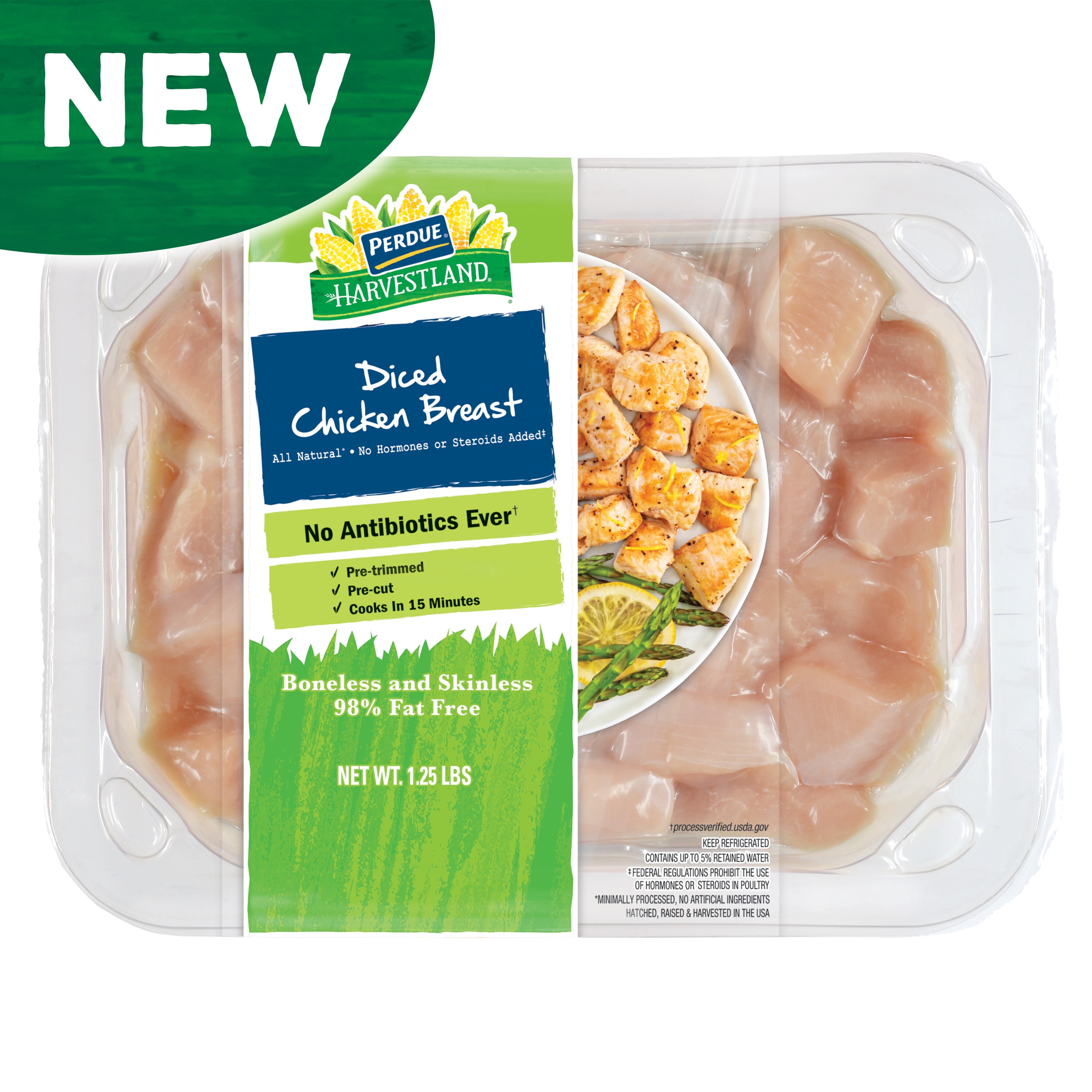 Perdue Harvestland No Antibiotics Ever Fresh Diced Chicken Breast, 1.25 lb. Tray