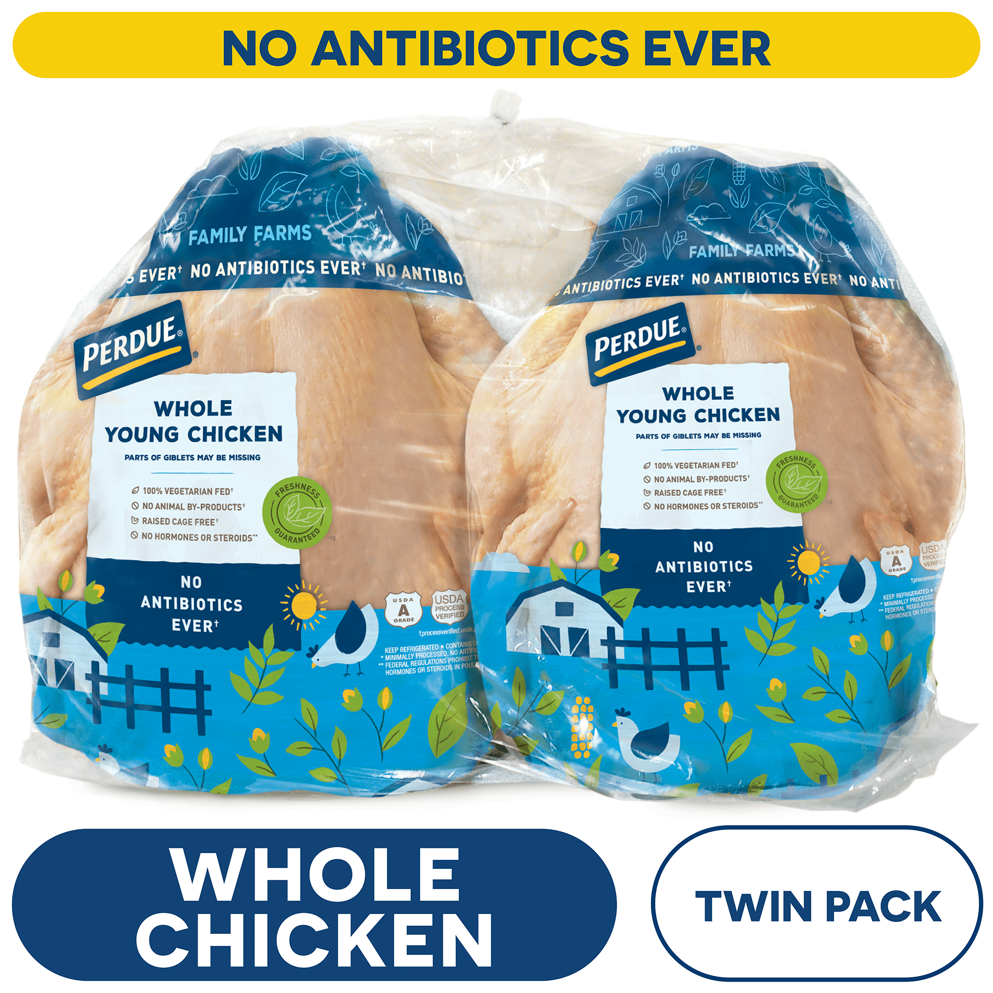 Perdue, No Antibiotics Ever, Fresh Whole Chicken with Giblets, Twin pack, 7.50-14.40 lb. Bag