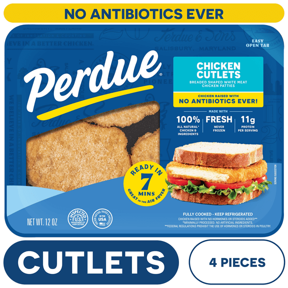 Perdue, No Antibiotics Ever, Refrigerated Breaded Chicken Breast Cutlet Patties, 12 oz. Tray