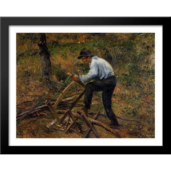 Pere Melon Sawing Wood, Pontoise 36x28 Large Black Wood Framed Print Art by Camille Pissarro