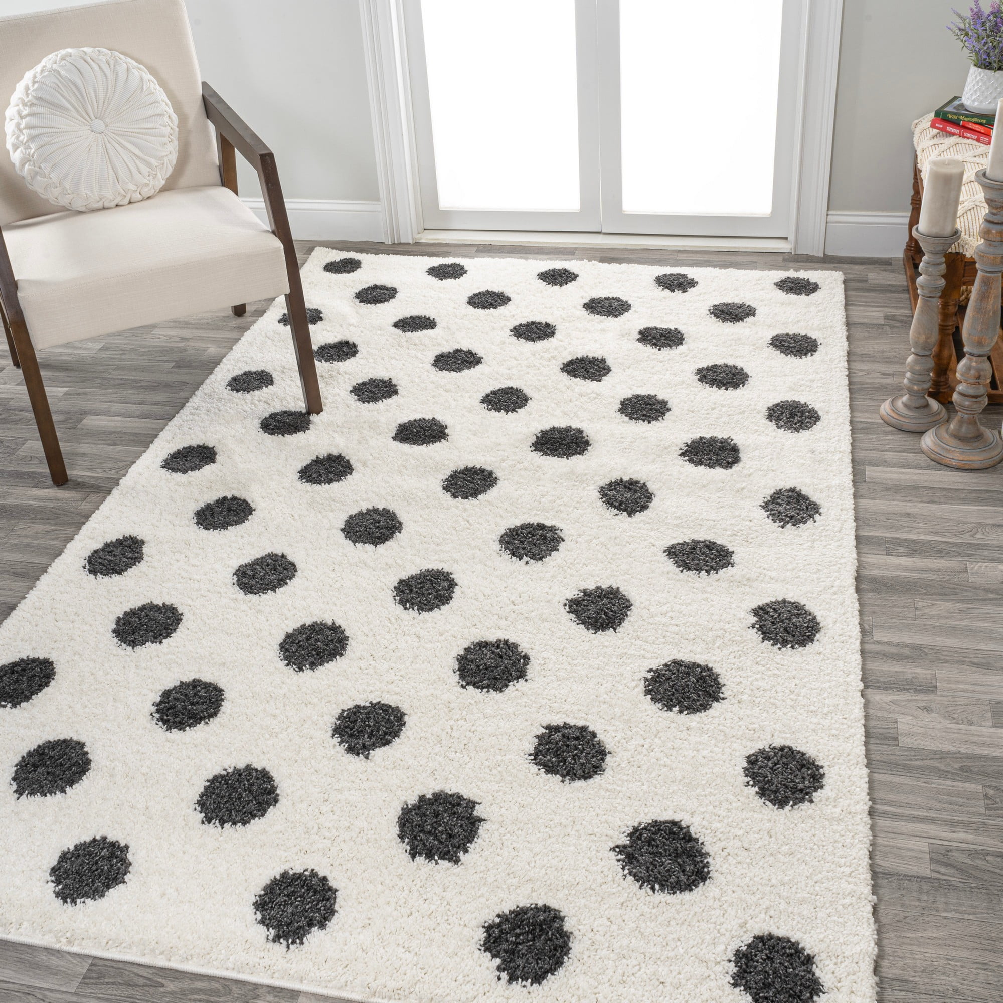 Mid-Century Charcoal and Ivory Dot Shag Rug 5'x8'
