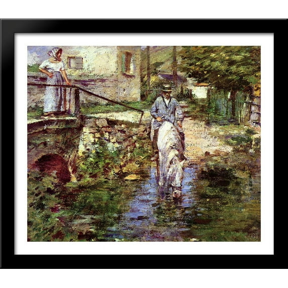 Pere Trognon and His Daughter at the Bridge 32x28 Large Black Wood Framed Print Art by Theodore Robinson