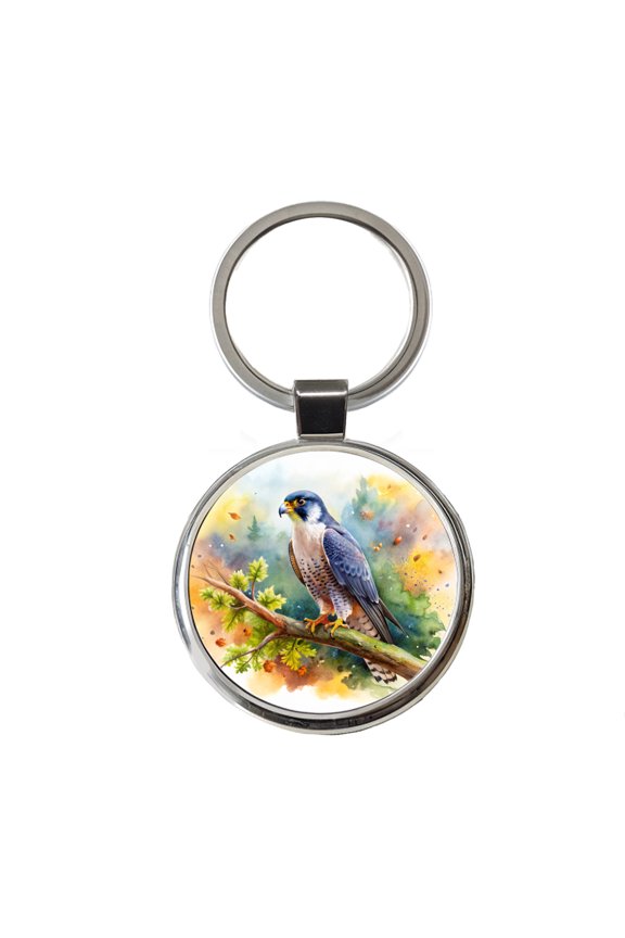 Peregrine Falcon Raptor Bird Of Prey In Tree Watercolor Metal Round Keychain