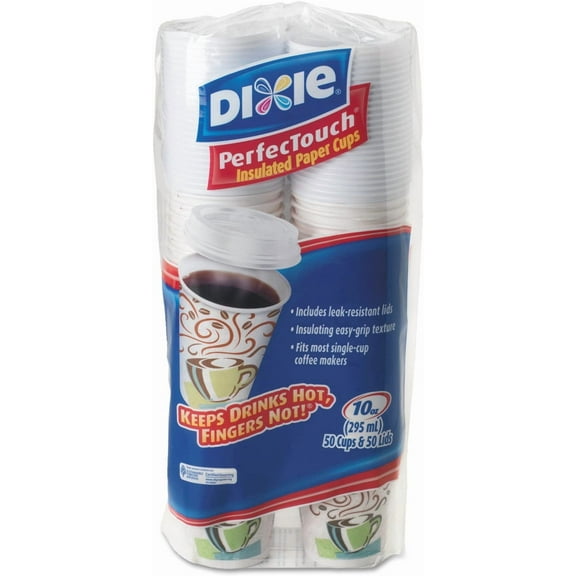 PerfecTouch Paper Hot Cups and Lids Combo, 10 oz, Multicolor, 50 Cups/Lids/Pack