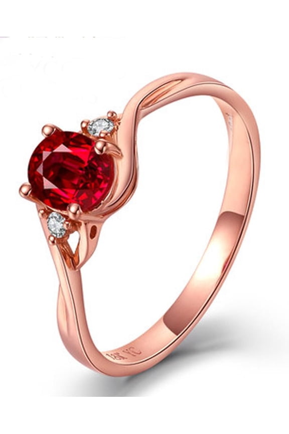 Perfect 1.5 Carat 8x6mm Oval Shape Red Ruby And Moissanite Diamond Trilogy Engagement Ring in 10k Rose Gold