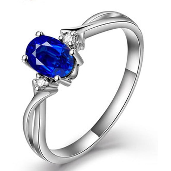 Perfect 1.50 Carat 8x6mm Oval Shape Blue Sapphire And Moissanite Diamond Trilogy Engagement Ring in 10k White Gold