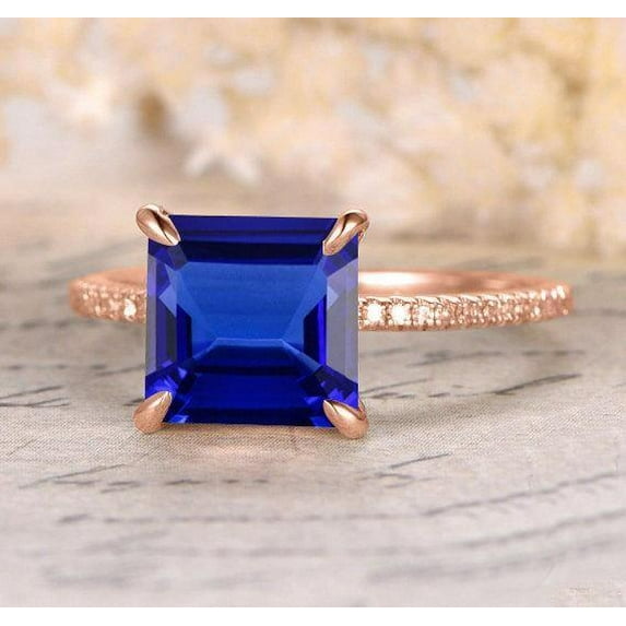 Perfect 1.75 ct Blue Sapphire 6mm Princess Cut And Moissanite Diamond Engagement Ring in 10k Rose Gold