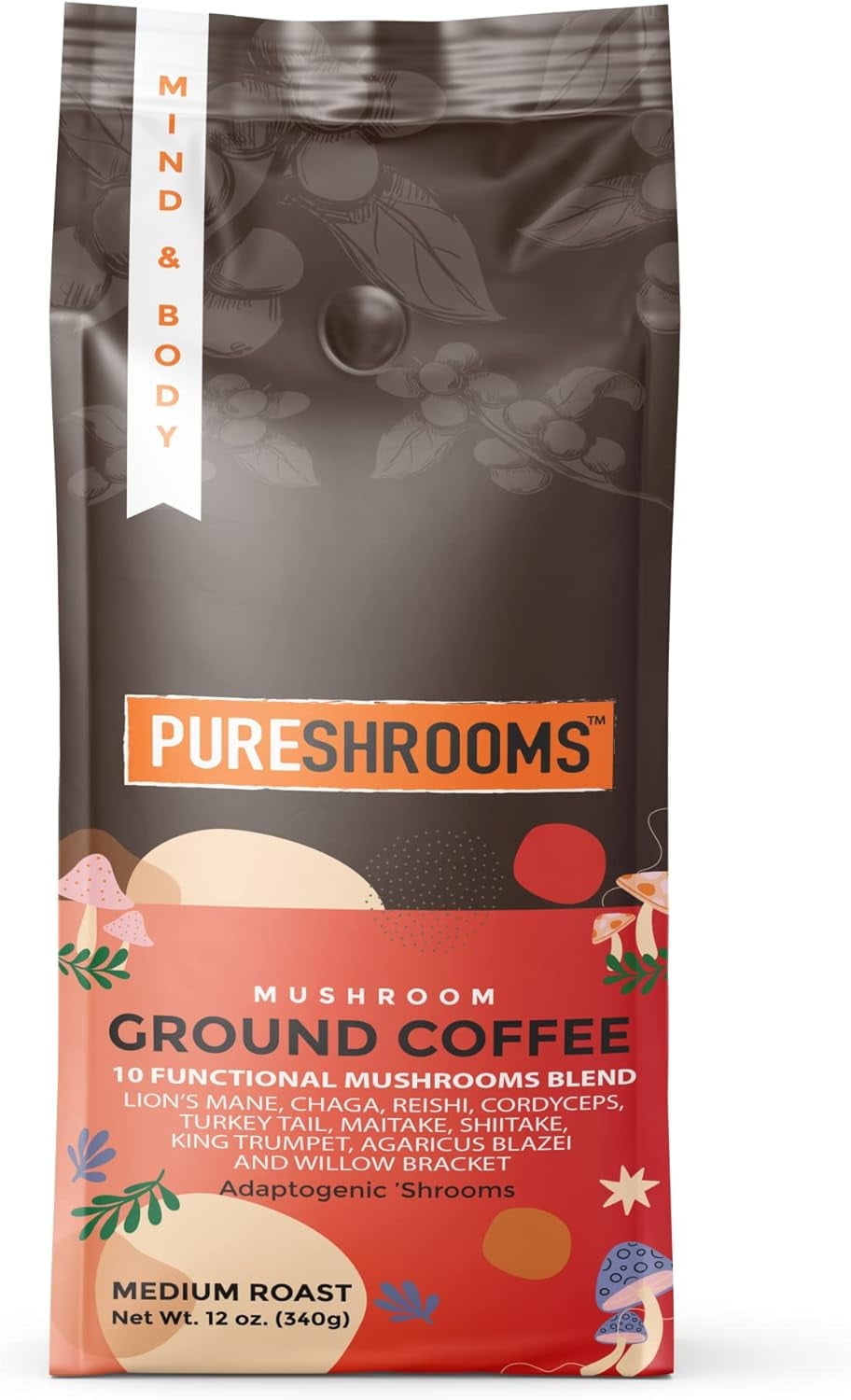Perfect 10 Mushroom Ground Coffee: 10 Ultra Concentrated Organic Extracts - Turkey Tail, Chaga, Lion's Mane, King Trumpet, Agaricus Blazei, Reishi, Cordyceps & More. Coffee Alternative (340g/12oz)
