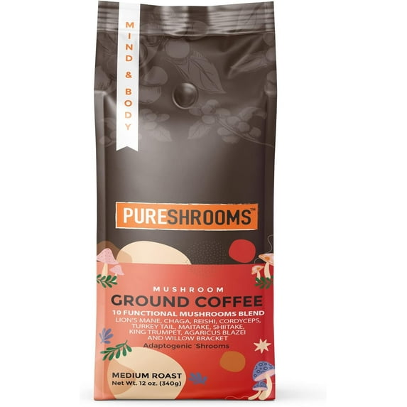 Perfect 10 Mushroom Ground Coffee: 10 Ultra Concentrated Organic Extracts - Turkey Tail, Chaga, Lion's Mane, King Trumpet, Agaricus Blazei, Reishi, Cordyceps & More. Coffee Alternative (340g/12oz)
