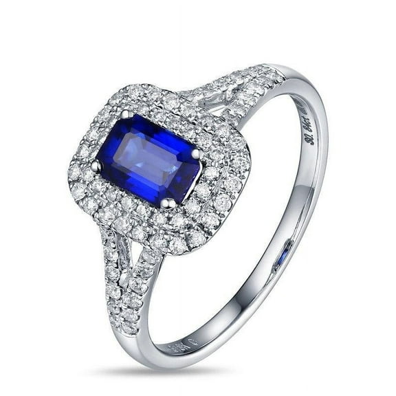 Perfect 2 Carat Emerald Cut Blue Sapphire And Diamond Moissanite Halo Engagement Ring In 14K White Gold Engagement Ring, Promise Ring, Anniversary Ring