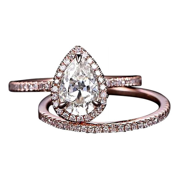 Perfect 2 Carat Pear cut Moissanite and Diamond Halo Weding Ring Set in Rose Gold