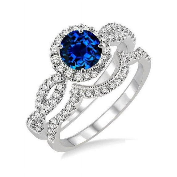 Perfect 2 Carat Round cut Blue Sapphire and Diamond Halo Bridal Set in 14k White Gold