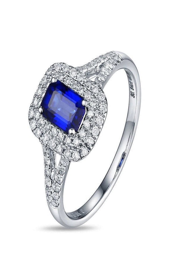 Perfect 2 Carat Sapphire and Diamond Halo Engagement Ring in 14k White Gold affordable Sapphire and diamond engagement ring