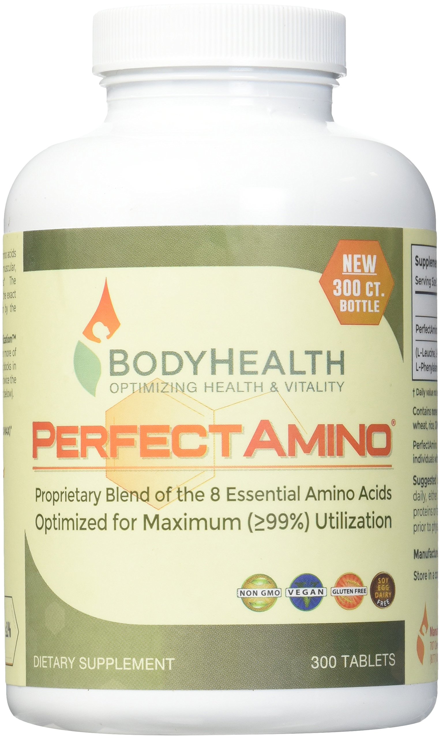 Perfect Amino (300 Tablets) 8 Essential Amino Acid Tablets with BCAA by BodyHealth, Vegan Branched Chain Protein Pre/Post Workout, Increase Lean Muscle Mass, Boost Energy & Stamina, 99% Utilization - image 1 of 3