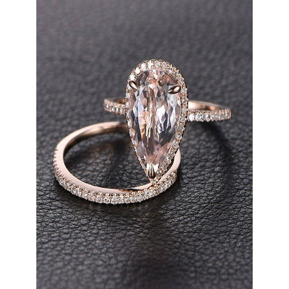 Perfect Bridal Set 1.50 Carat Pear Cut Morganite And Diamond Moissanite Bridal Set In 10K Rose Gold