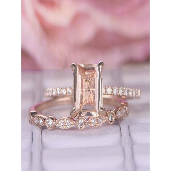 Perfect Bridal Set on Sale 1.50 carat emerald Cut Morganite and Diamond Bridal Set in Rose Gold: Bestselling Design