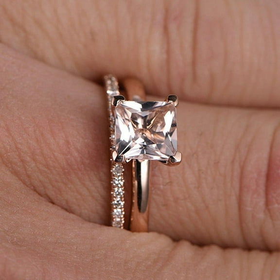 Perfect Bridal Set on Sale 1.75 Carat 6mm Princess Cut Morganite and Diamond Moissanite Bridal Set with 18k Gold Plating