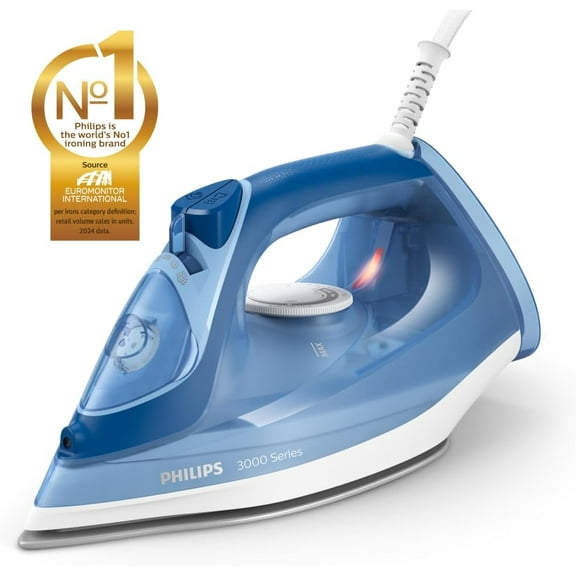Perfect Care 3000 Series Steam Iron - 1250 W power, 40 g/min continuous steam, 200 g steam boost, 300 ml water tank, blue (DST3031/20)