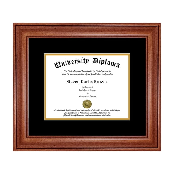 Perfect Cases Single Diploma Frame, 16" x 12", Walnut, Double Matting, Black/Gold