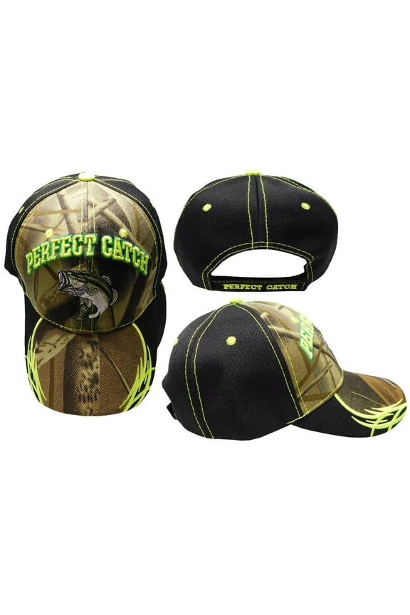 Perfect Catch Bass Fish Black Back Camo Front Adjustable Embroidered Cap Hat