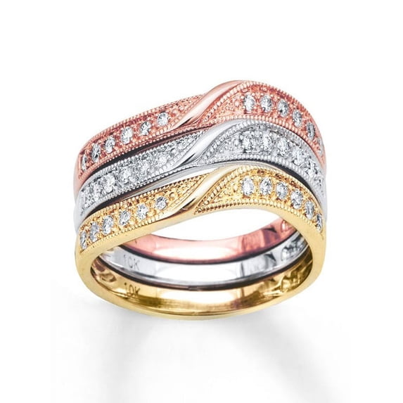 Perfect Combination Set of 3 Round Diamond Wedding Ring Bands in MultiColor Gold