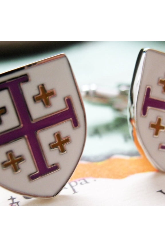 Crusader Cross Cufflinks White with Purple Yellow Enamel