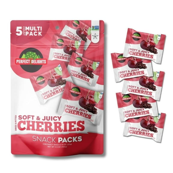 Perfect Delights Snack Pack Cherries, Sun-Dried Cherries, On-the-Go Vegan, Healthy Snack, Easy-to-Carry Dried Cherries, Perfect for Kids & Adults - 5 Pack