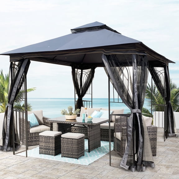 Perfect Garden 10' L x 10' W Outdoor Patio Canopy Gazebo with Ventilated Double Roof and Mosquito Net,Gray
